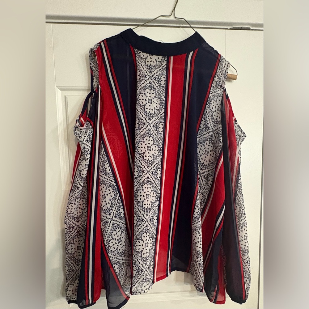 (B3) Ashley Stewart Chic Cold-Shoulder Red Navy Stripes Boho Blouse Top 14 16‎